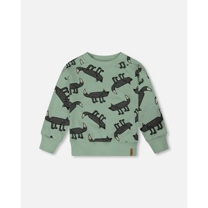 Deux par Deux Boy Printed Pullover French Terry Sweatshirt Gray Wolf on Teal Background - 1 of 4
