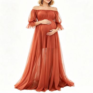 Off Shoulder Maternity Maxi Dress, Puff Short Sleeve Flowy Tulle Photoshoot Gown, Empire Waist Long Pregnancy Dress Orange Red XL : Target