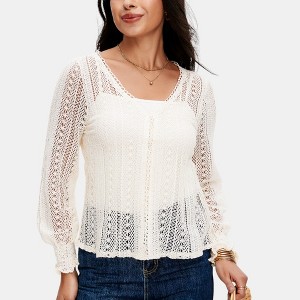 Knit & Lounge Women’s Crochet Knit Long Sleeve V-Neck Flowy Sheer Textured Lightweight Layering Blouse - 1 of 4