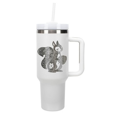 Elanze Designs 40 Ounce Travel Tumbler With Straw and Lid Stainless Steel Double Wall Insulated Charming Floral Squirrel White