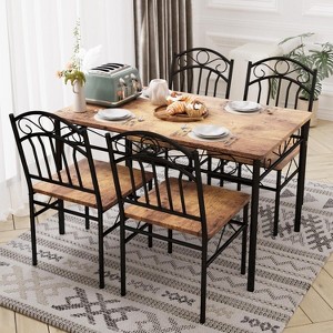 Dining Table Set of 4, Retro Industrial Dining Table & Chairs, Wood Table Chairs Set for Home, 1 Table + 4 Chairs Rustic Brown - 1 of 4