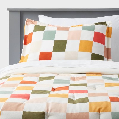 Twin Kids' Comforter Set Checkered - Pillowfort™: OEKO-TEX Certified, Cotton, Twin Bedding, Includes Sham