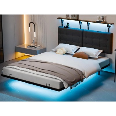 VINGLI Queen Floating Metal Bed Frame with Hanging Upholstered Headboard, LED Lights &Charging Station, Dark Gray