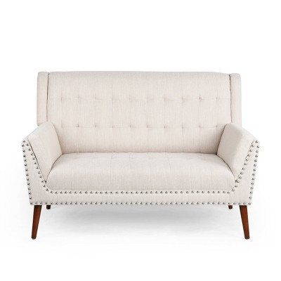 Braymer Mid-Century Modern High Back Fabric Settee with Nailhead Trim Beige/Walnut - Christopher Knight Home