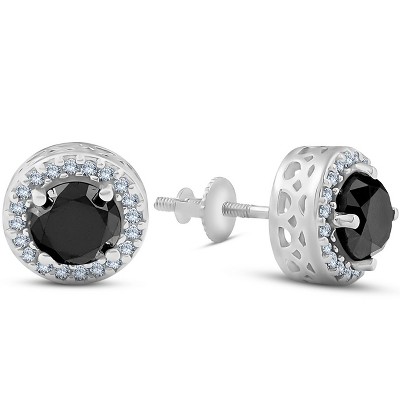 Pompeii3 1ct Treated Black & White Round Diamond Halo Studs 14K White Gold