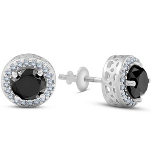 Pompeii3 2 1/5 ct Black Diamond Screw Back Halo Studs 14K White Gold - 1 of 4
