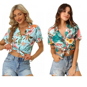 Allegra K Women's Hawaiian Floral Leaves Printed Short Sleeve Button Down Vintage Shirt 2 Pcs - 1 of 4