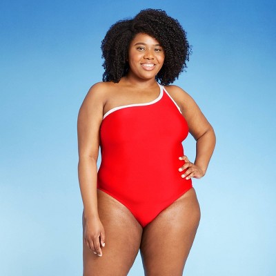 Women's Plus Size One Shoulder Contrast Trim One Piece Swimsuit - Sea Angel Bright Red 1X