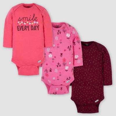 Gerber Baby Girls' 3pk 'Smile Everyday' Long Sleeve Onesies - Pink 0-3M