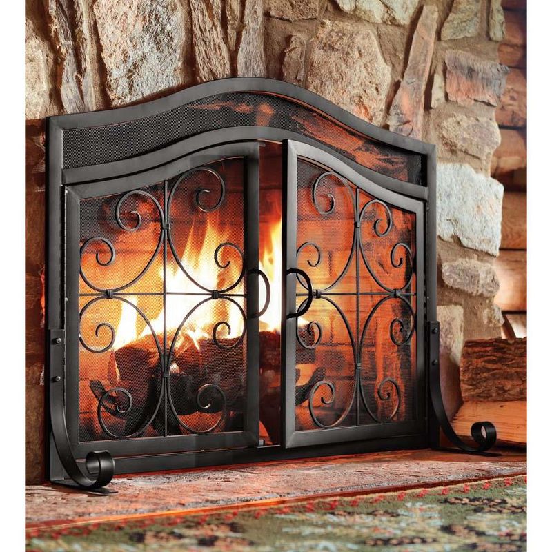 Plow & Hearth - Small Crest Fireplace Fire Screen with Doors, 38" W x 31_" H at Center, 2 of 7
