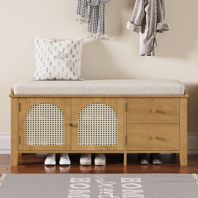Entryway Shoe Storage Bench with Cushion, 2 Rattan Doors & 2 Drawers, Wooden Shoe Organizer with Seating for Hallway & Mudroom - ModernLuxe