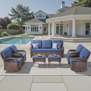 Buenhomino 7pcs Outdoor Patio Wicker Conversation Set with 5-inch Cushion Wicker Sofa Swivel Chairs for Garden Poolside Backyard - 1 of 4