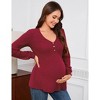 Maternity V-Neck Ribbed Top Casual Long Sleeve Pregnancy Blouse Decorative Button Front Shirt - 4 of 4