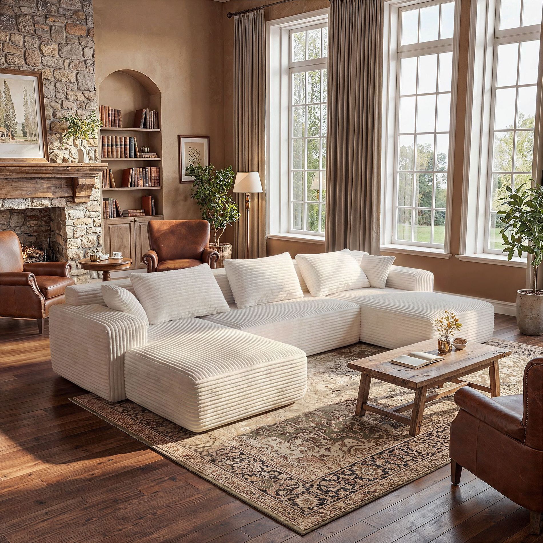 FUFU&GAGA 134 Inch Wide Modular Corduroy Sofa, Compressed Foam Sectional Couch with Chaise Lounge for Living Room