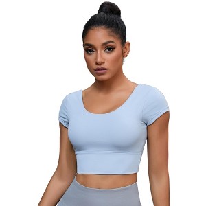 INSPIRE CHIC Women's U Neck Short Sleeve Deep V Back Workout Tank Tops with Bulit in Bra - 1 of 4