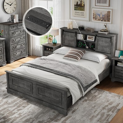 Farmhouse Sliding Barn Door Platform Bed Frame with Headboard