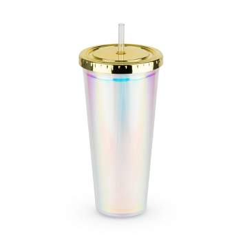 Blush Iridescent Cute Drink Tumbler | Reusable, Leak-Proof, Travel, Clear Plastic, Slim, Iced Coffee Cup with Seal, Screw-On-Lid, and Straw, 24oz