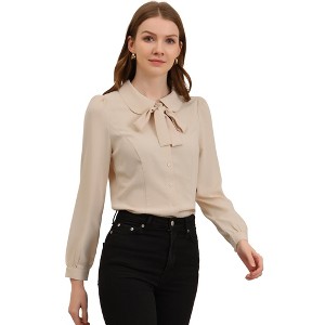 Allegra K Women's Peter Pan Collar Bow Tie Neck Puff long Sleeve Workwear Button Blouses - 1 of 4