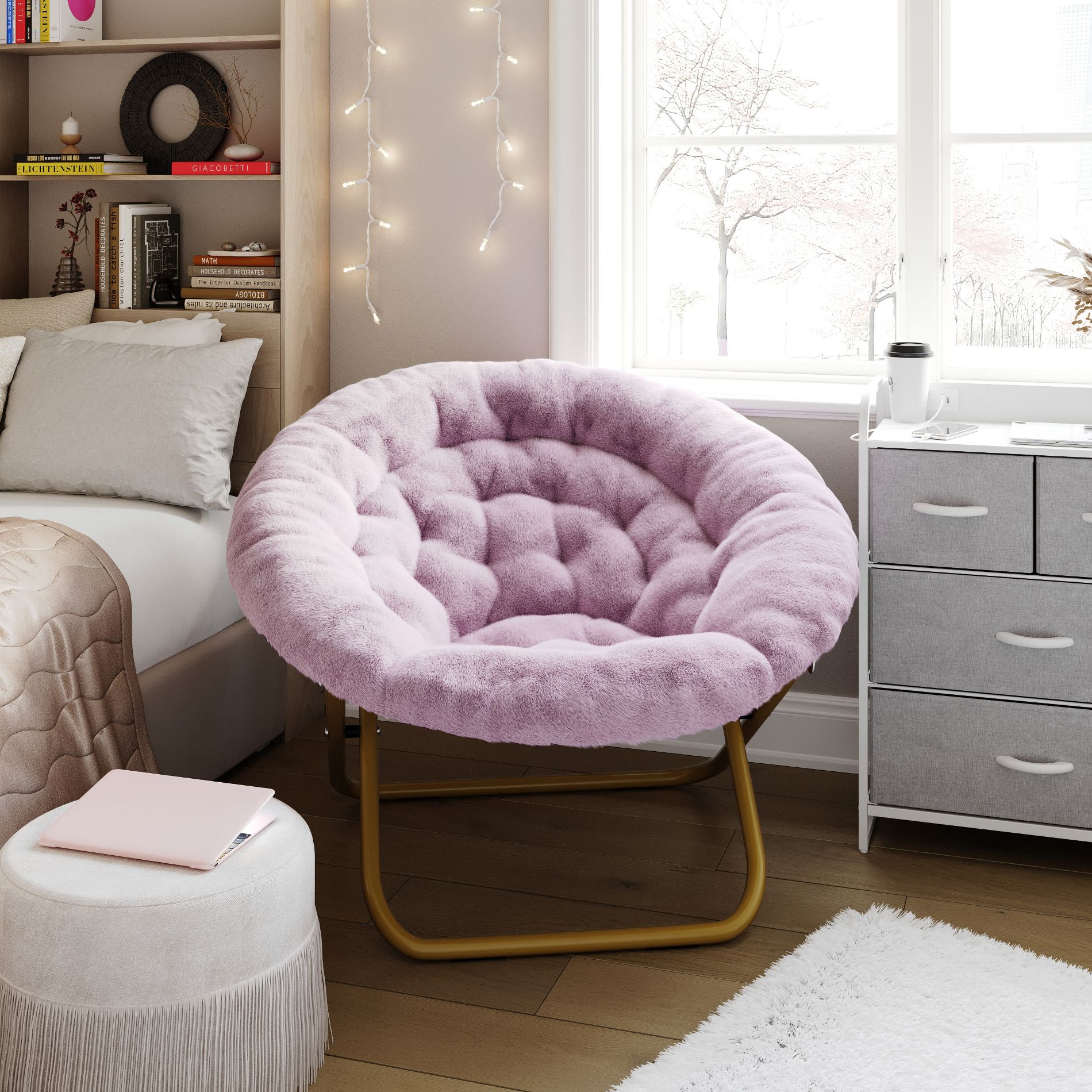 Emma and Oliver Oversize Faux Fur Folding Saucer Moon Chair for Dorm and Bedroom, Dusty Purple Faux Fur/Soft Gold Frame