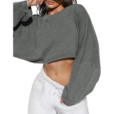 Women's Cropped Crewneck Sweatshirt Oversized Casual Pullover Top Long Sleeve Short Sweater
