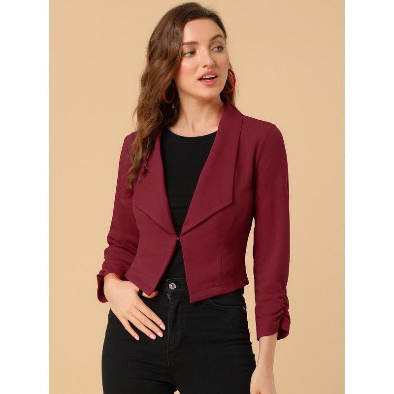 Allegra K Women's Regular Fit Notched Lapel Ruched Sleeve Business Crop Blazer, 3 of 8