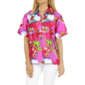 LA LEELA Women's Beach Funny Santa Claus Party Blouse Shirt Tops Button Down Summer Shirts Christmas Hawaiian Blouses for Women - 1 of 4