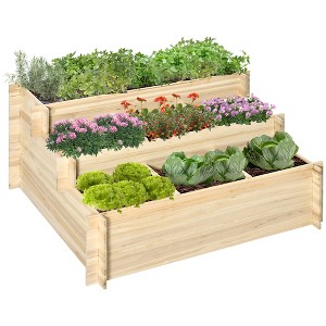 Outsunny 3 Tier Raised Garden Bed, Elevated Planter Flower Box with 9 Grow Grids and Non-woven Fabric, Natural - 1 of 4