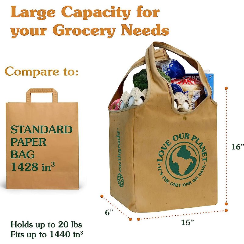 EARTHGRADE Reusable Shoulder Grocery Bag Sustainable & Eco Friendly Washable Paper Totes with Cotton Canvas Handles & Durable Seams, 6 of 9