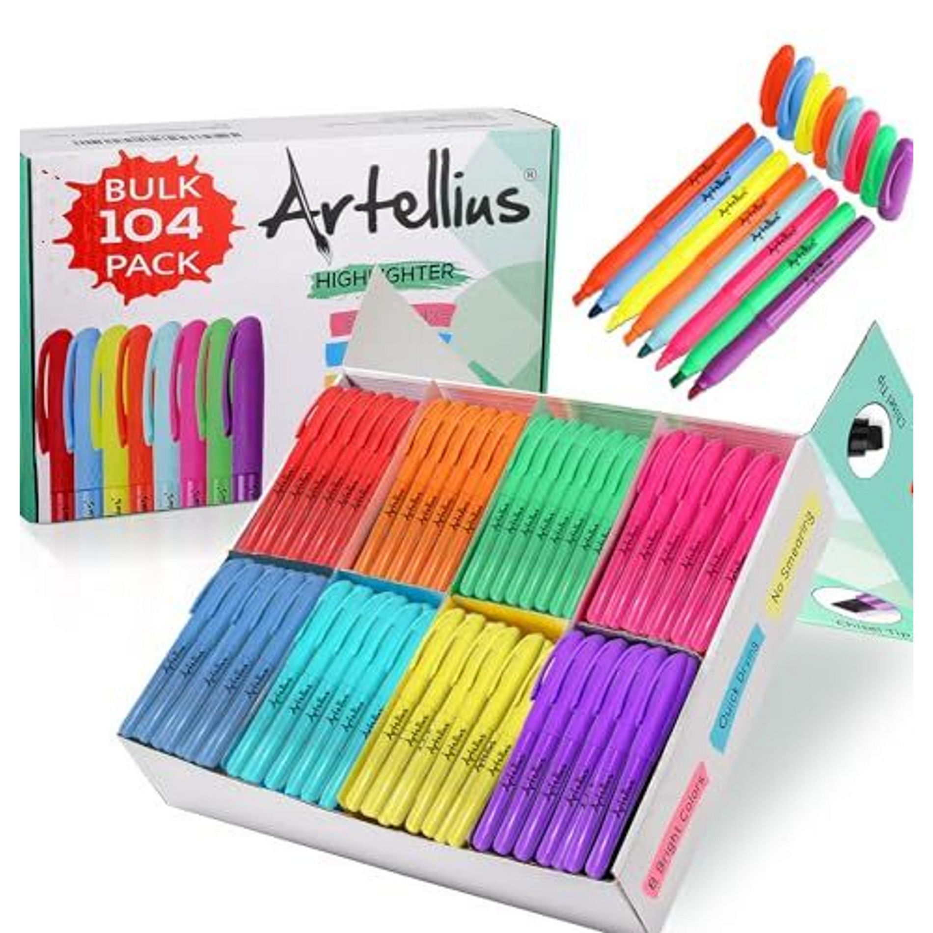 Artellius 104 Pack Highlighters Assorted Colors Bulk Set (8 Bright Colors) - Quick-Dry - Perfect for Classroom, Office, Home