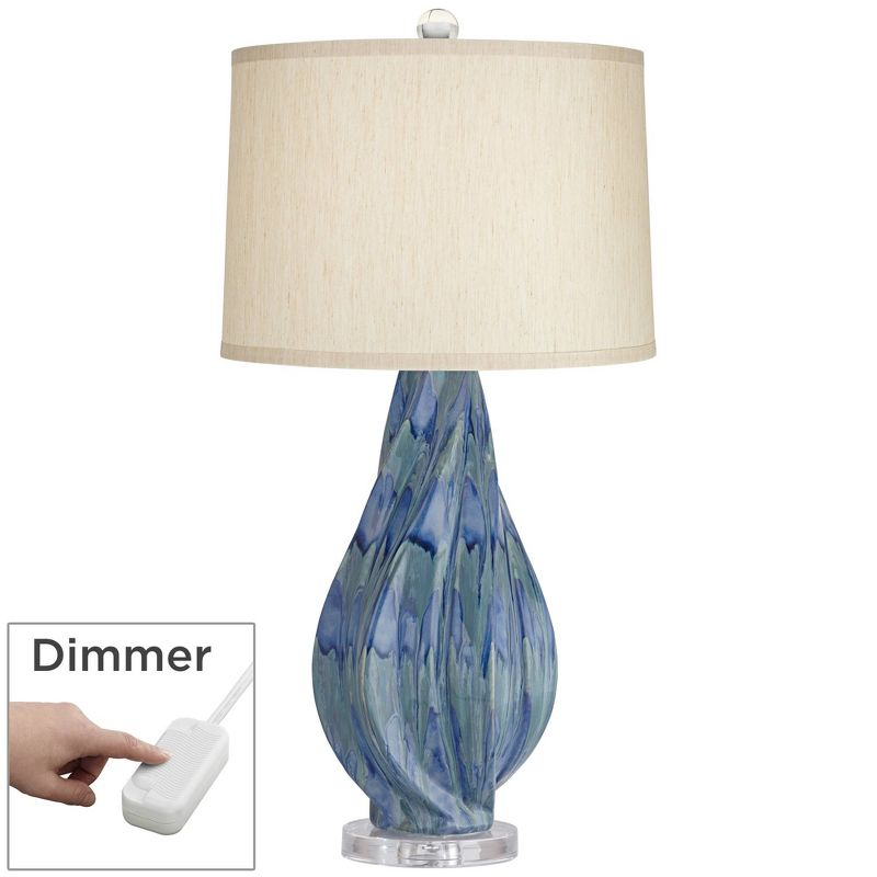 Possini Euro Design Teresa Modern Table Lamp 31" Tall Teal Blue Ceramic with Table Top Dimmer Beige Fabric Drum Shade for Bedroom Living Room Bedside, 2 of 10