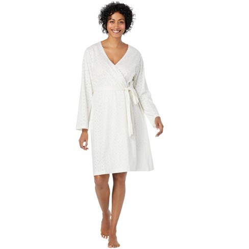 Dreams & Co. Women's Plus Size Short Eyelet Wrap Robe, L - White