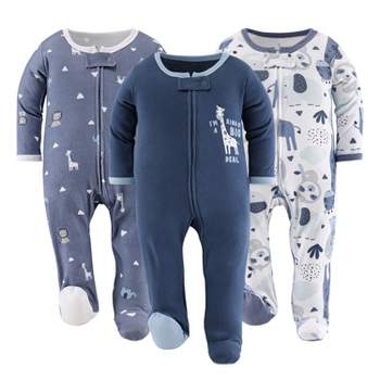 The Peanutshell Blue Safari Footed Baby Sleepers for Boys, 3-Pack, Newborn to 9 Months