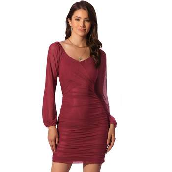 Allegra K Women's V Neck Ruched Puff Long Sleeve Wrap Bodycon Cocktail Dresses