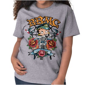 Betty Boop Biker BBMC Roses Tattoo Womens Graphic T Shirt Tees Brisco Brands - 1 of 2