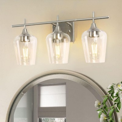 Runesay 3-Light Bathroom Light Fixtures, Brushed Nickel Vanity Lighting, Metal Bath Wall Mounted Lights, Modern Wall Sconces Light with Glass Shades