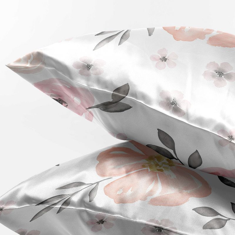 Sweet Jojo Designs Decorative Satin Pillowcases Watercolor Floral Pink and Grey 2pc, 3 of 7