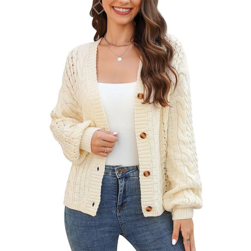 Womens Chunky Knit Cardigan Sweater Open Front Long Sleeve Button Hollow Waffle Knit Sweater Coat Solid Spring/Fall Outfits, 1 of 8