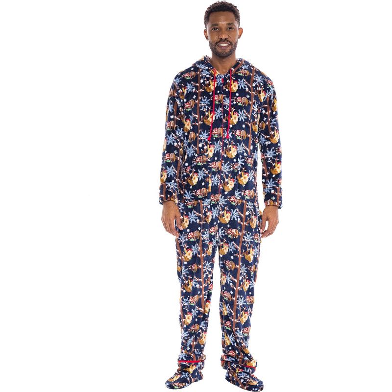 Men's Plush Fleece One Piece Hooded Footed Zipper Pajamas Set, Soft Adult Onesie Footie with Hood, 1 of 8