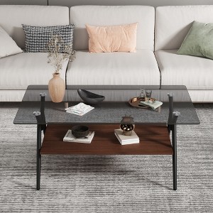 Syemin Rectangular Side Table Set, Two-Layer Coffee Table with Tempered Glass Top for Modern Living Room, Gray, 38.6"*22.83"*17.3" - 1 of 4
