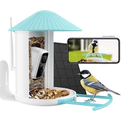 Blue and White Plastic Post-Mounted Bird Feeder with HD Camera