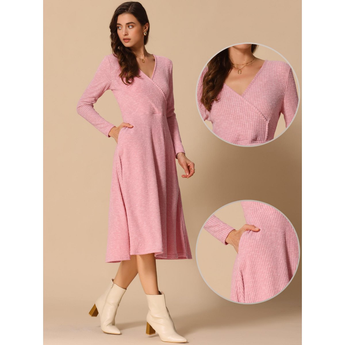 Женские платья INSPIRE CHIC Women's V-neck long Sleeve A-line wrap Ribbed Knit Dress Pink Large — фото 2