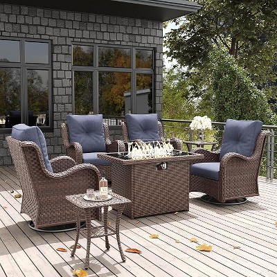 LayinSun Outdoor Patio Furniture Set, Brown Rattan Wicker Sectional Swivel Rocker Chairs Sets with Ottomans, Swivel Glider Chair