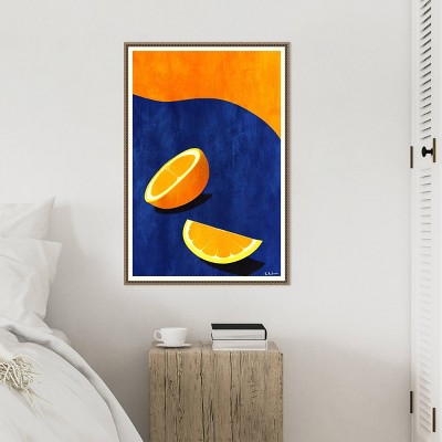 Large Orange and Blue Abstract Citrus Canvas Art with Beaded Frame