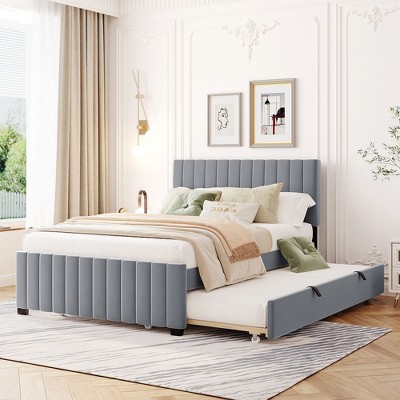 NicBex Twin/Full Upholstered Bed Frame with Velvet Headboard,Wood Platform Bed Frame with Twin Size Trundle,No Box Spring Needed,Easy Assembly