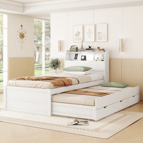 Twin Size Wooden Led Platform Bed With Trundle, Storage Headboard And ...