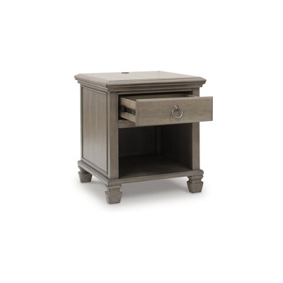 Gray Rectangular Wooden End Table with Storage and USB Ports