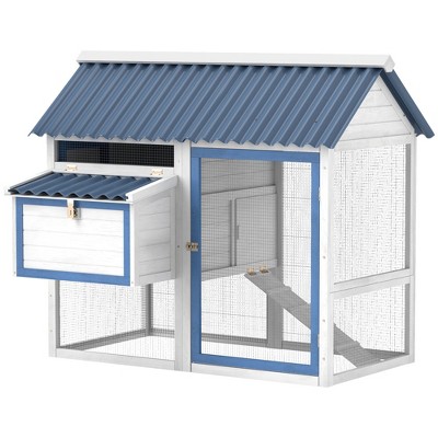 PawHut 55.5" Chicken Coop, Outdoor Wooden Hen House with Run Box, Nesting Box, Removable Tray, Ramp, for 2-3 Chickens, White