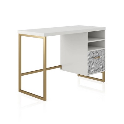 White MDF Single Pedestal Desk with Gold Legs and Drawer