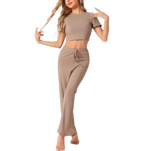 INSPIRE CHIC Women's Ribbed Knit Short Sleeve Crop Top with Pants Outfits Lounge Sets - 1 of 4