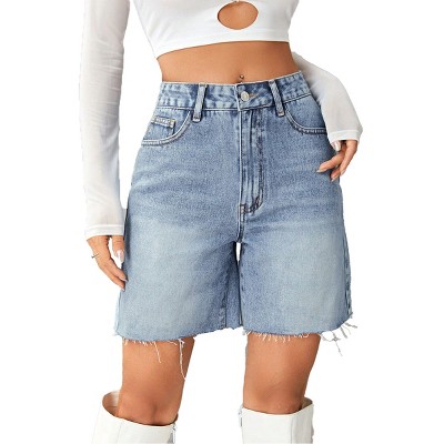 Womens Bermuda Demin Shorts High Rise Ripped Boxy Denim Shorts Wide Leg Denim Bermuda Shorts Denim Ripped Fringe Shorts
